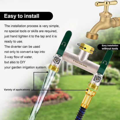 Garden Hose Splitter, 3/4” Rust and Freeze Resistant Outdoor Hose Manifold with 2 green Extra Long Handles Faucet Adapter-Heavy Duty Brass Nickel Plated 2-Way Valve