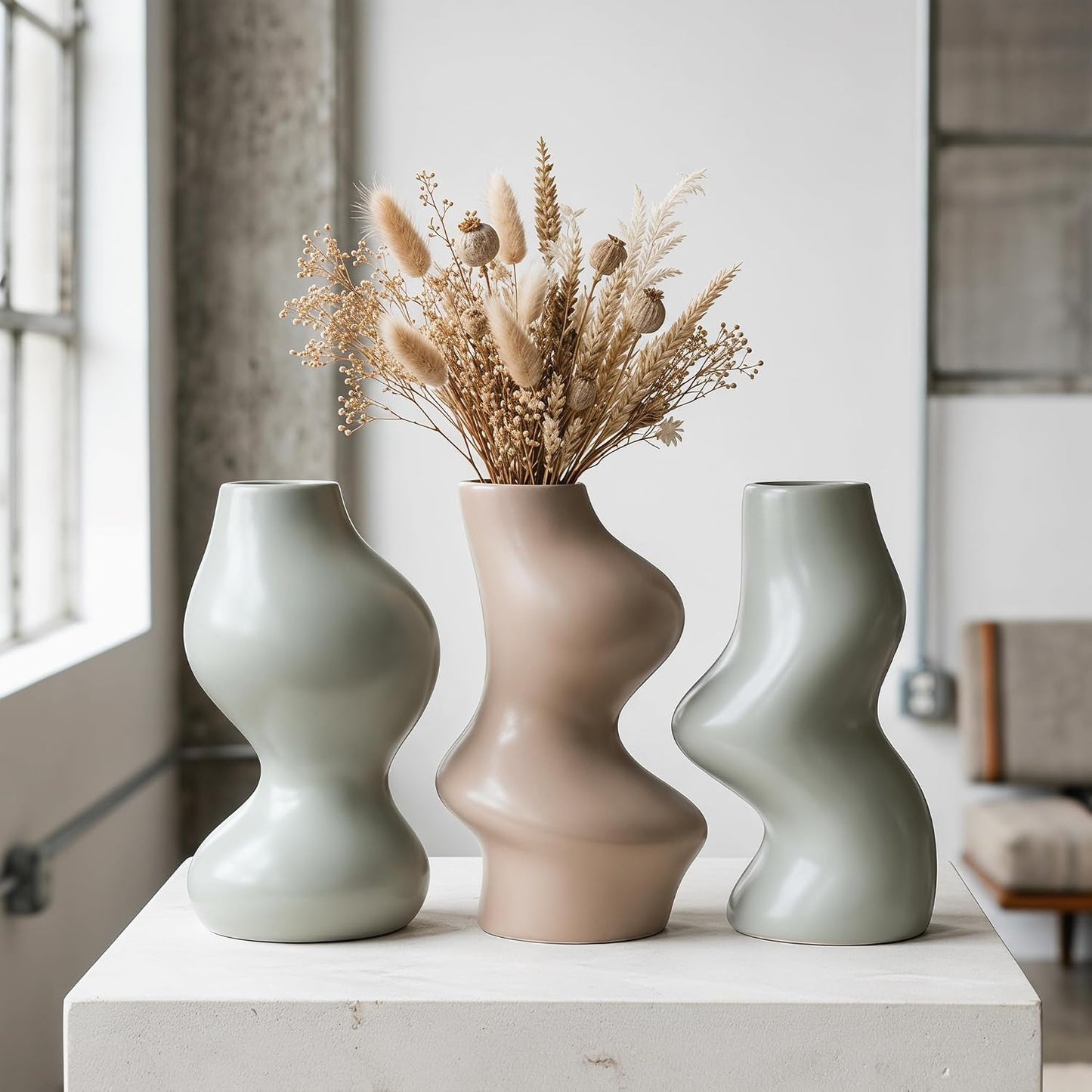 BosilunLife Decorative Vase Set of 3, Nested Curved Recycled Ceramic, Speckled Wabi-Sabi Home Decor, Modern Boho Centerpiece for Living Room Mantel & Office (Black & Grey)