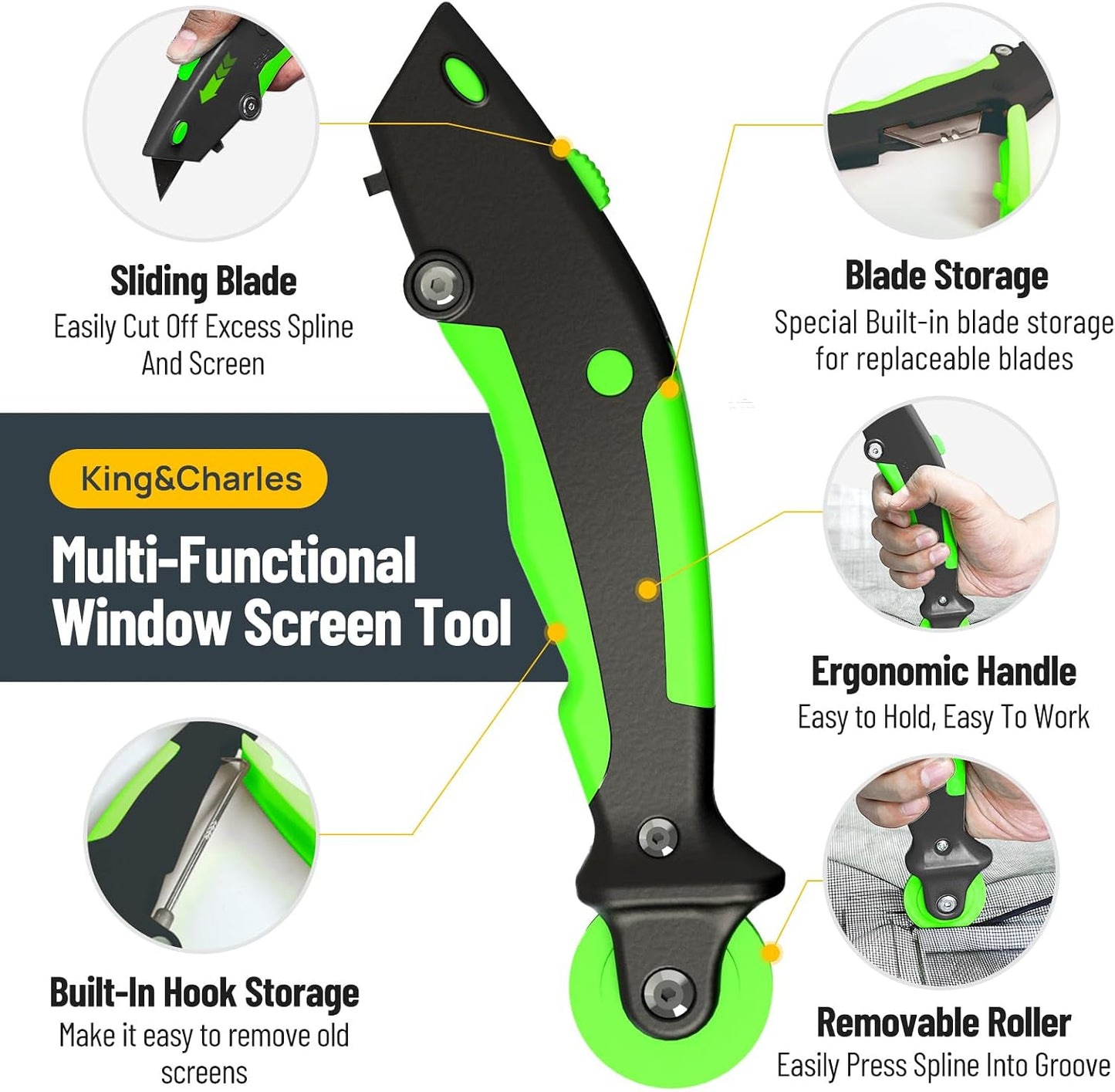 King&Charles Window Screen Door Repair/Replacement Kit, Includes Black Screen Mesh 48"x118"+ Versatile Screen Roller Tool+50Ft Spline+8Clips, Insect Screen, Pet Proof Window Mesh Kit