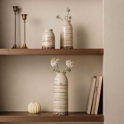 Rustic Ceramic Vase Set of 3 - Beige Rustic Vases for Flowers,Farmhouse Flower Vases for Home Decor,Small Decorative Vase Set for Living Room,Table Shelf,Centerpieces and Fireplace Decorations