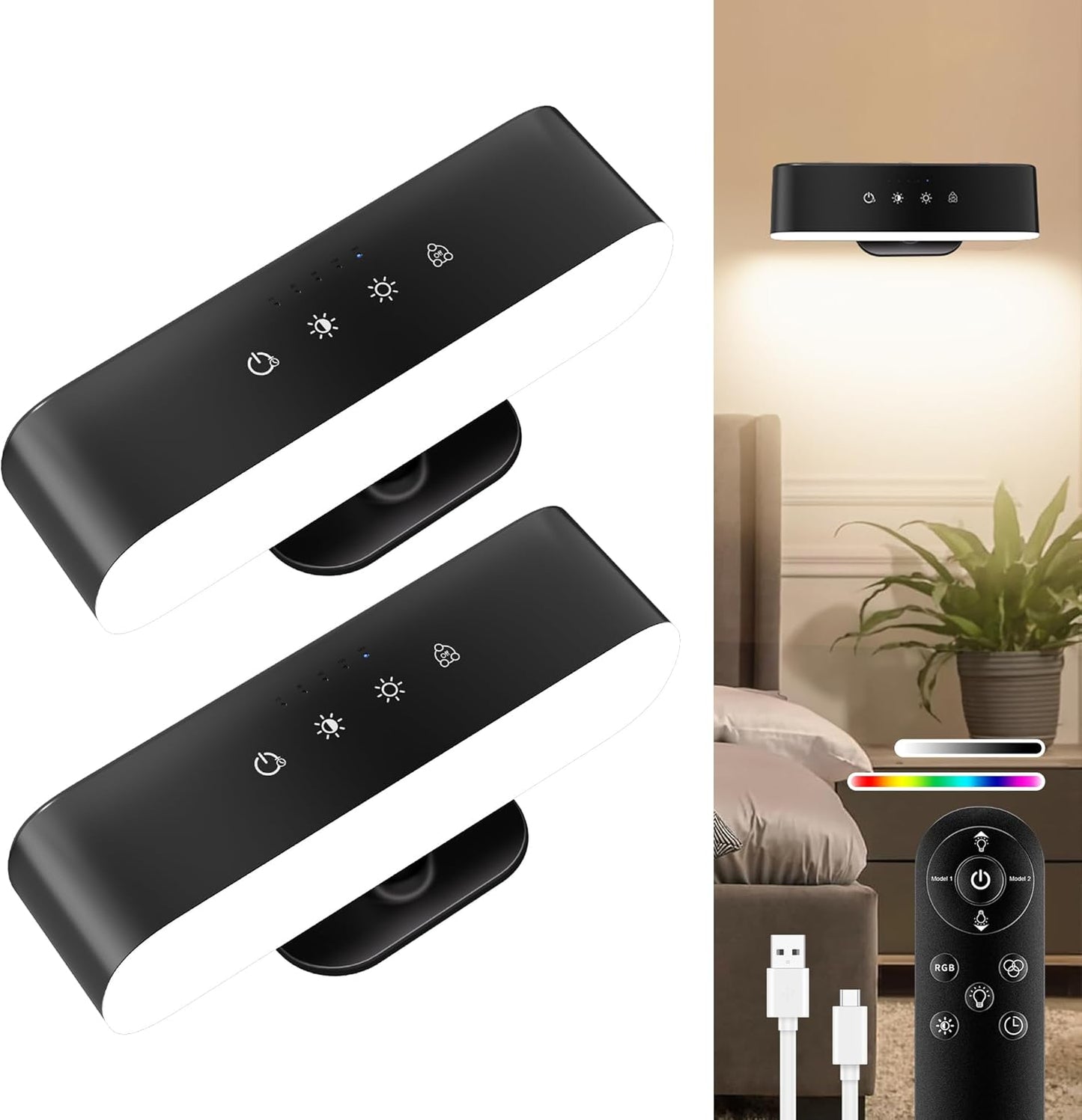 Wall Scones, Rechargeable Wall Sconces Set of 2 with Touch Remote Control RGB 4400mAh Battery Operated Wireless Cordless, Adhesive Wall Light for Bedroom Indoor