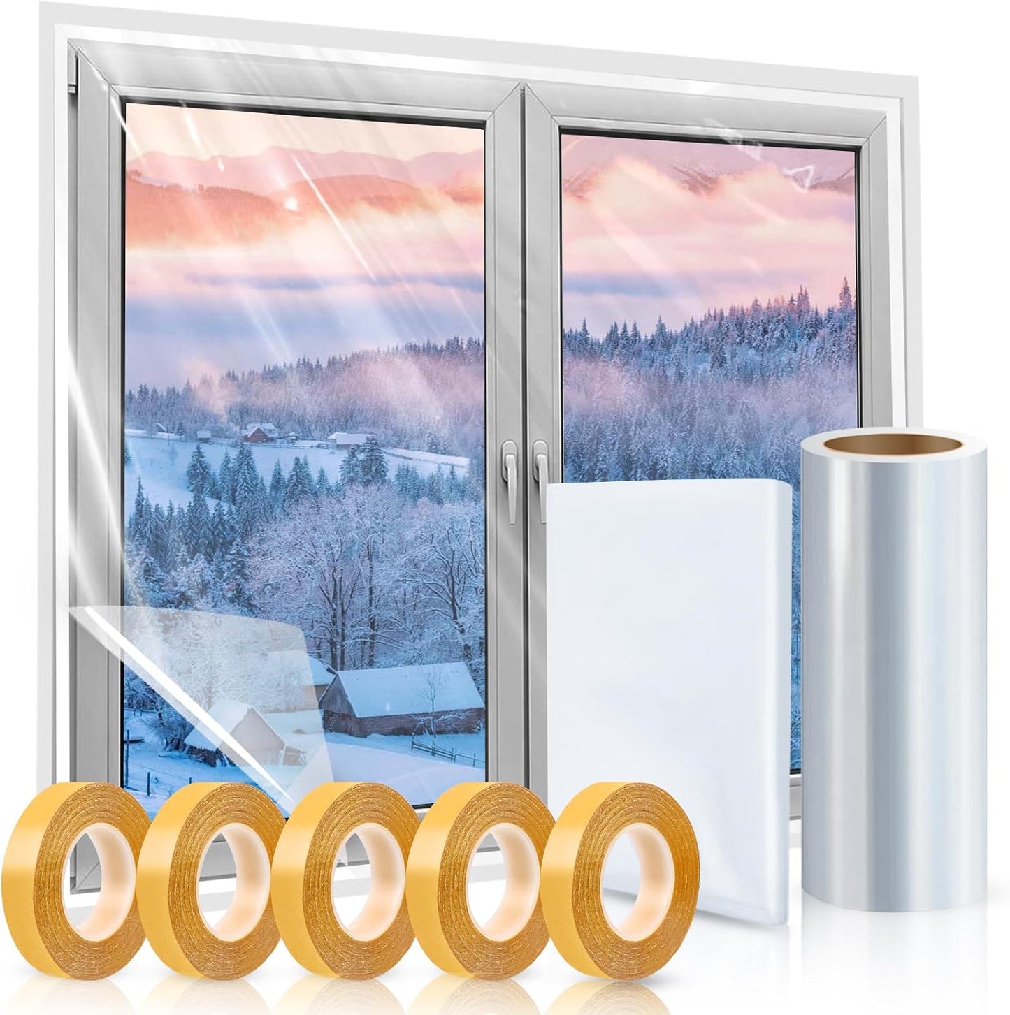 Window Insulation Kit, 63 × 394 Inch Plastic Window Covering for Winter, Window Insulation Film Window Wrap Insulation Windows Winterizing Kit with Double-Sided Tape for 10 Pcs 3 x 5 Ft Windows