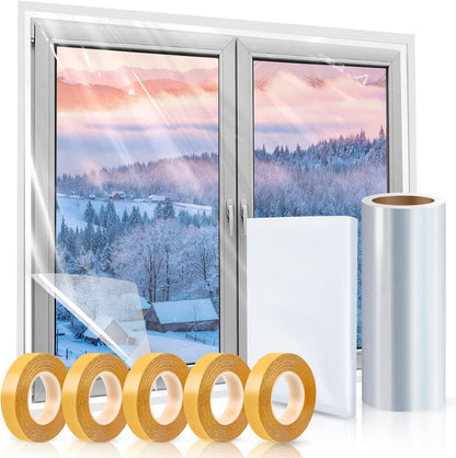 Window Insulation Kit, 63 × 394 Inch Plastic Window Covering for Winter, Window Insulation Film Window Wrap Insulation Windows Winterizing Kit with Double-Sided Tape for 10 Pcs 3 x 5 Ft Windows