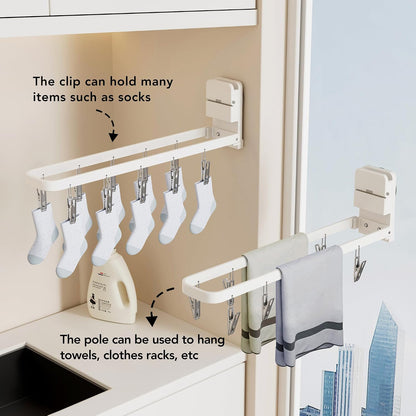 2 Pack Wall Mounted Suction Cup Clothes Drying Rack with 20 Clips, Portable & Collapsible Sock Hanger for Drying Socks, Bras, Underwear, Baby Clothes,Towels