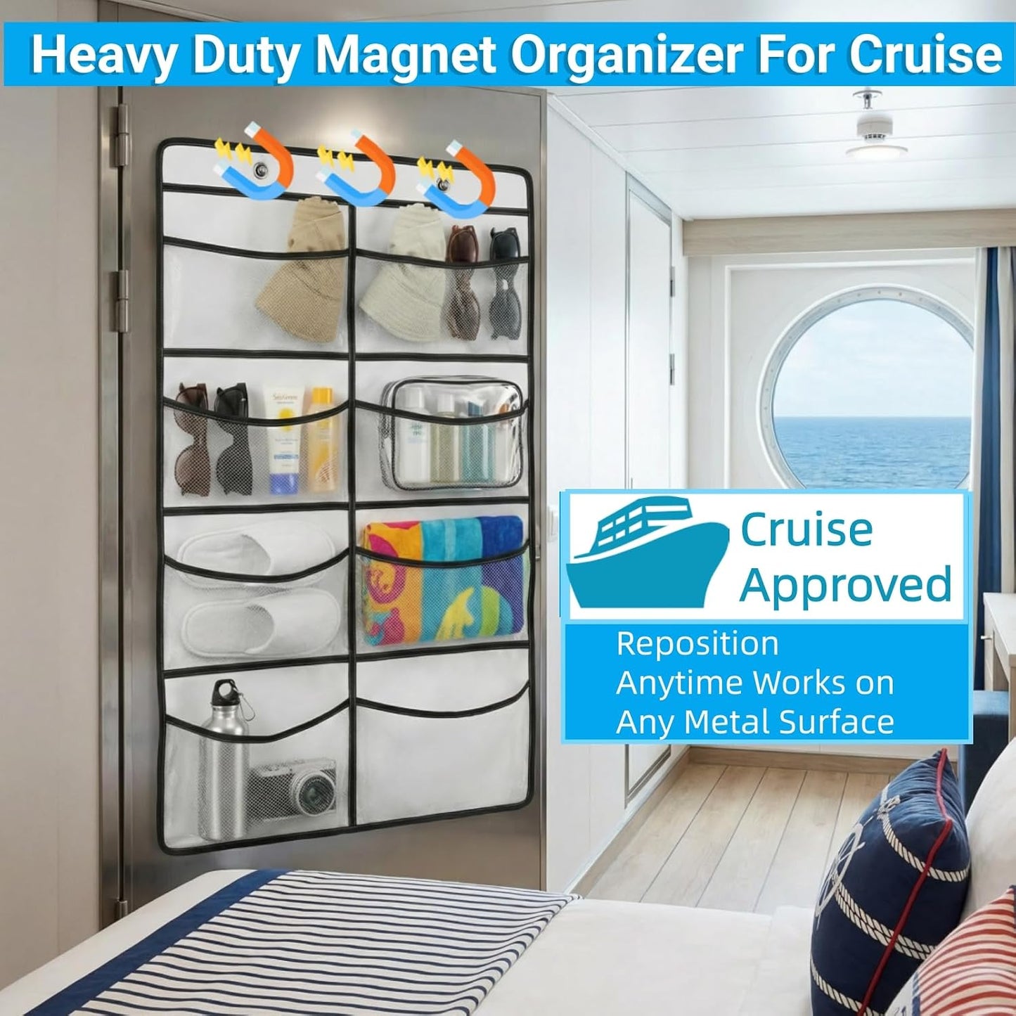 Magnetic Cruise Organizer, 14 Large Durable Pockets Over The Door Organizer For Cruise Ships, Magnetic & Hanging Cruise Organizer, Cruise Essentials 2026 （ 67" x 21.6"）
