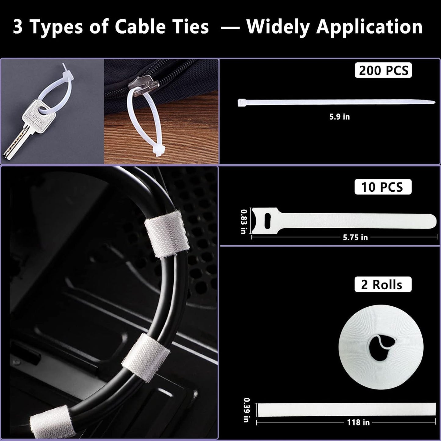 White Cable Management Organizer Kit 4 Cable Sleeve Split 311Pcs | 47Cable Clips 12Cord Clips Holder,22 Cable Ties, 20 adhesive Wall cable Tie, 200Fasten Cable Ties for TV Electronics