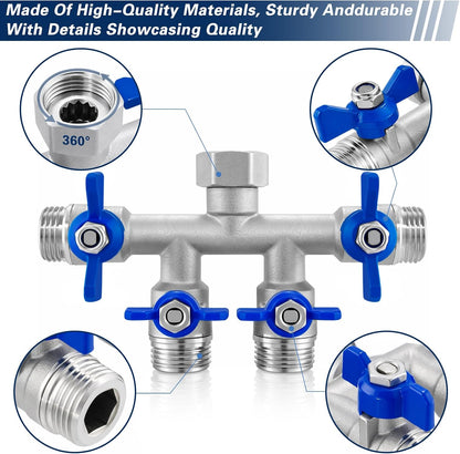304 Stainless Steel Garden Hose Splitter 2 Way, Heavy Duty 3/4" GHT Y Hose Splitter with Shut-Off Valves, Full Flow Outdoor Faucet Connector with Wrench