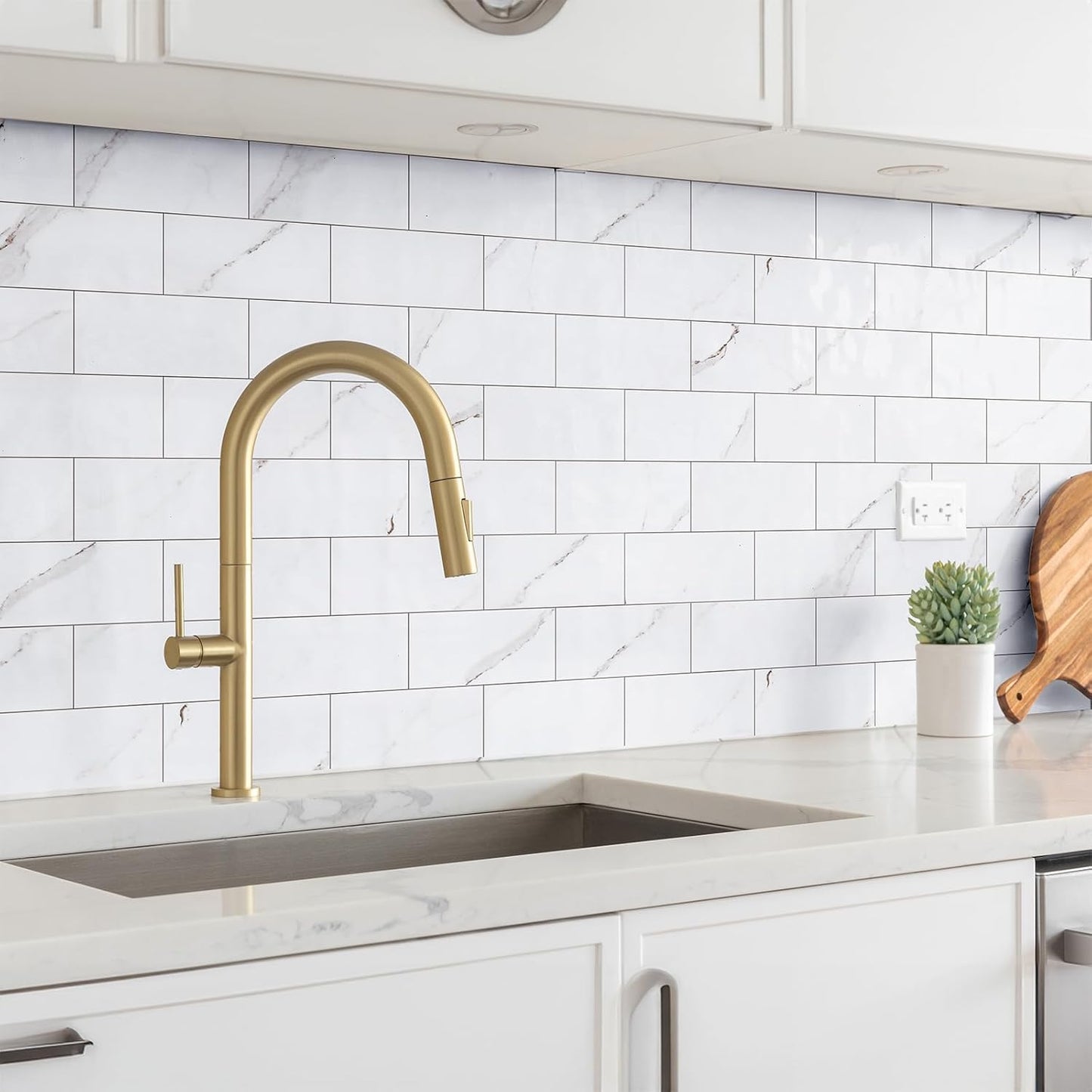 StyloVue 100 Pieces Peel and Stick Backsplash for Kitchen, 3" x 6" PVC Subway Tile, Glossy White with Dark Gray Grout, Self Adhesive Stick on Wall Tiles for Kitchen, Bathroom, Fireplace, RV