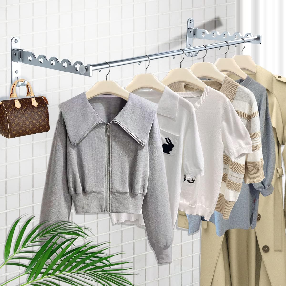 Clothes Drying Rack Wall Mounted Drying Racks for Laundry Room Organization and Storage Clothes Rack，Aluminum Dryer Rack with Two Drying Rods for Hanging Wet and Dry Clothes