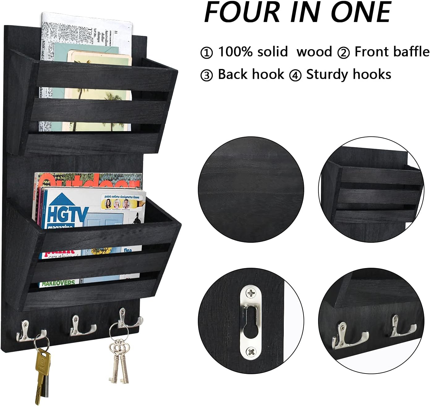 Unistyle Mail Organizer with 4 Hooks, Rustic Brown Wall Mount, Cedar Wood Key Holder for Letters, Magazines, Keys, Dog Leashes