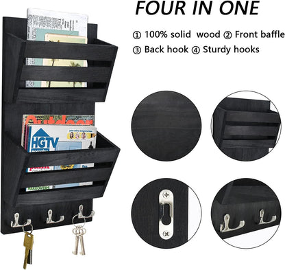 Unistyle Mail Organizer with 4 Hooks, Rustic Brown Wall Mount, Cedar Wood Key Holder for Letters, Magazines, Keys, Dog Leashes