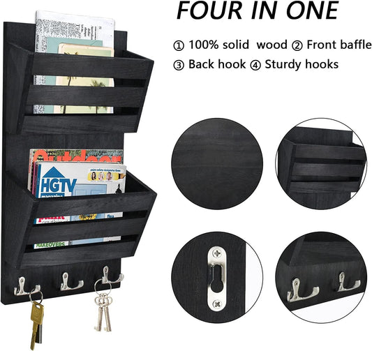 Unistyle Mail Organizer with 4 Hooks, Rustic Brown Wall Mount, Cedar Wood Key Holder for Letters, Magazines, Keys, Dog Leashes