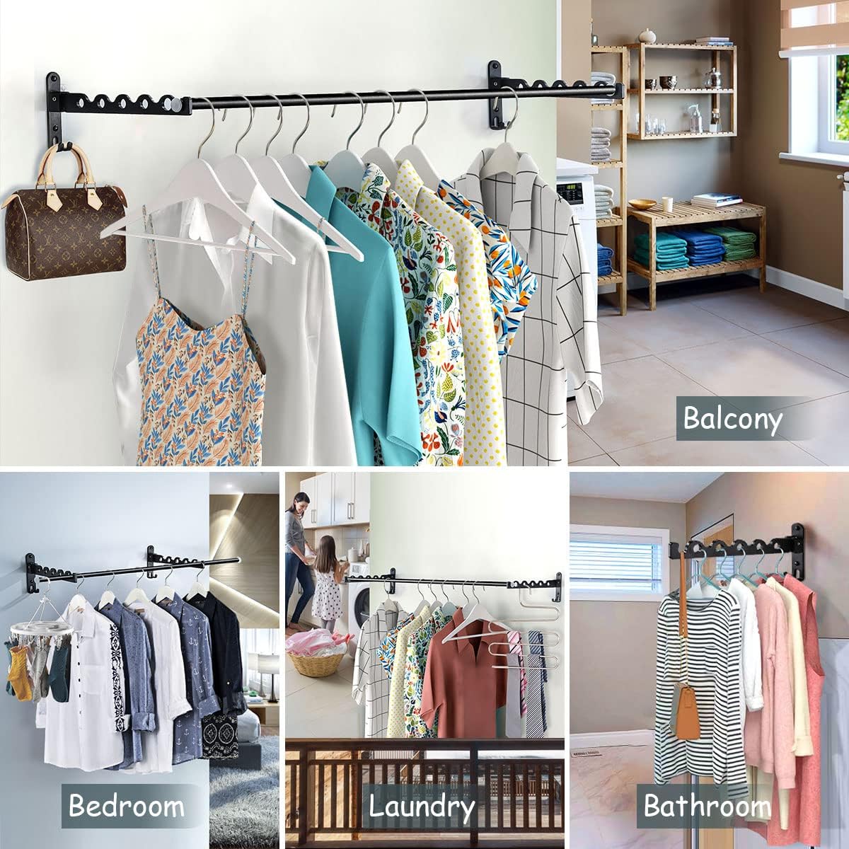 Clothes Drying Rack Wall Mounted Drying Racks for Laundry Room Organization and Storage Clothes Rack，Aluminum Dryer Rack with Two Drying Rods for Hanging Wet and Dry Clothes