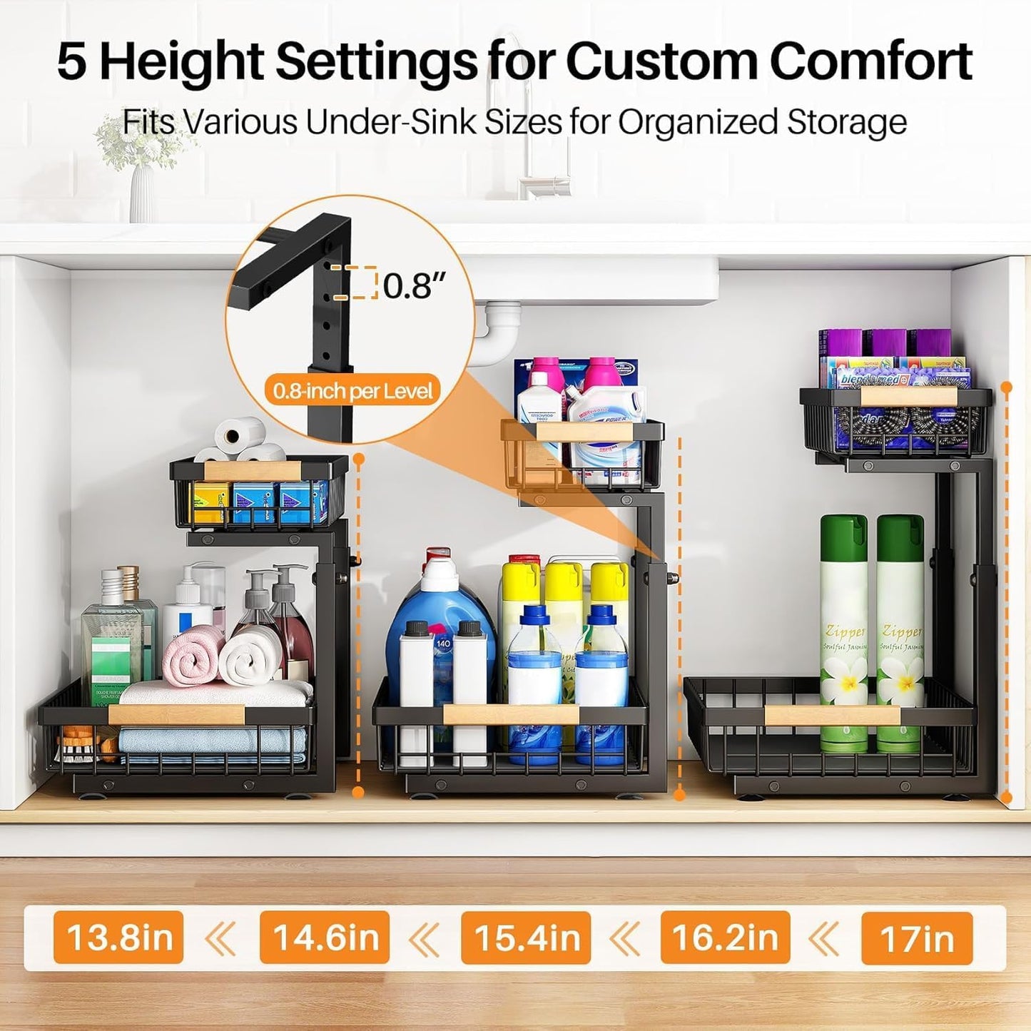 PXRACK Under Sink Organizer, Adjustable Height, 2 Tier Pull Out Under Cabinet Organizer, Slide Out Thickened Metal Under Sink Storage for Kitchen Bathroom Laundry Pantry Cabinet, White, Large-1-Pack