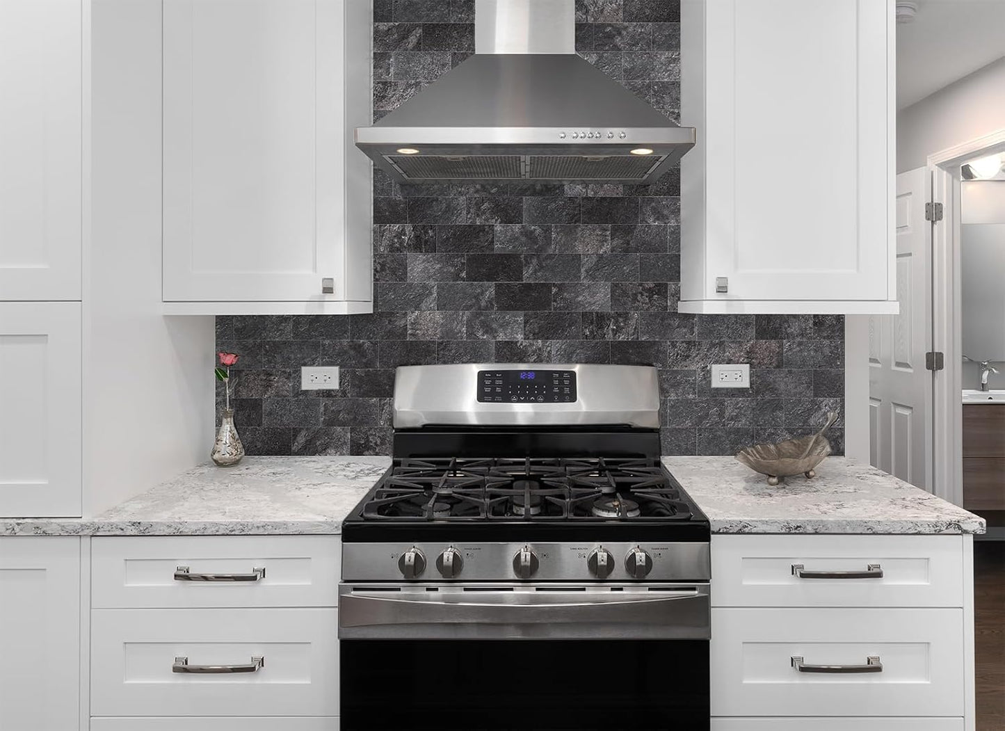 StyloVue 100 Pieces Peel and Stick Backsplash for Kitchen, 3" x 6" PVC Subway Tile, Glossy White with Dark Gray Grout, Self Adhesive Stick on Wall Tiles for Kitchen, Bathroom, Fireplace, RV