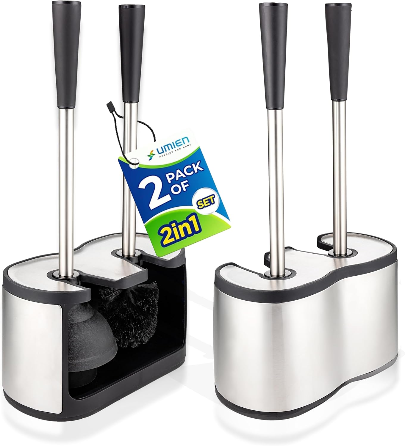 UMIEN Toilet Brush and Plunger Set 18-in - Updated 2025 No-Rust - Stainless Steel Design - Long Handles - with Freestanding Canister