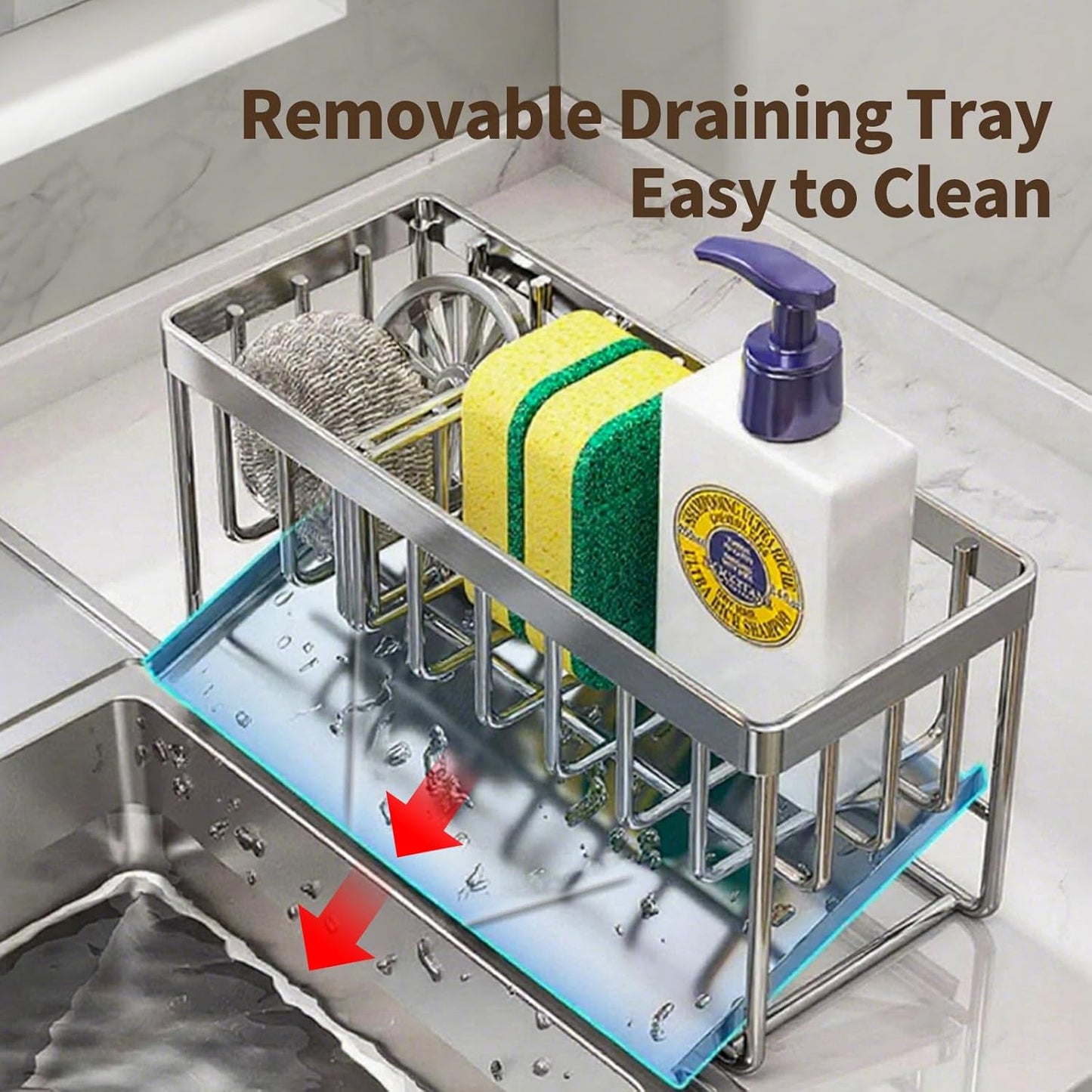 Kitchen Sink Sponge Holder, 304 Stainless Steel Soap Dispenser Caddy Organize, Kitchen Sink Brush Caddy Holder with Removable Drain Tray