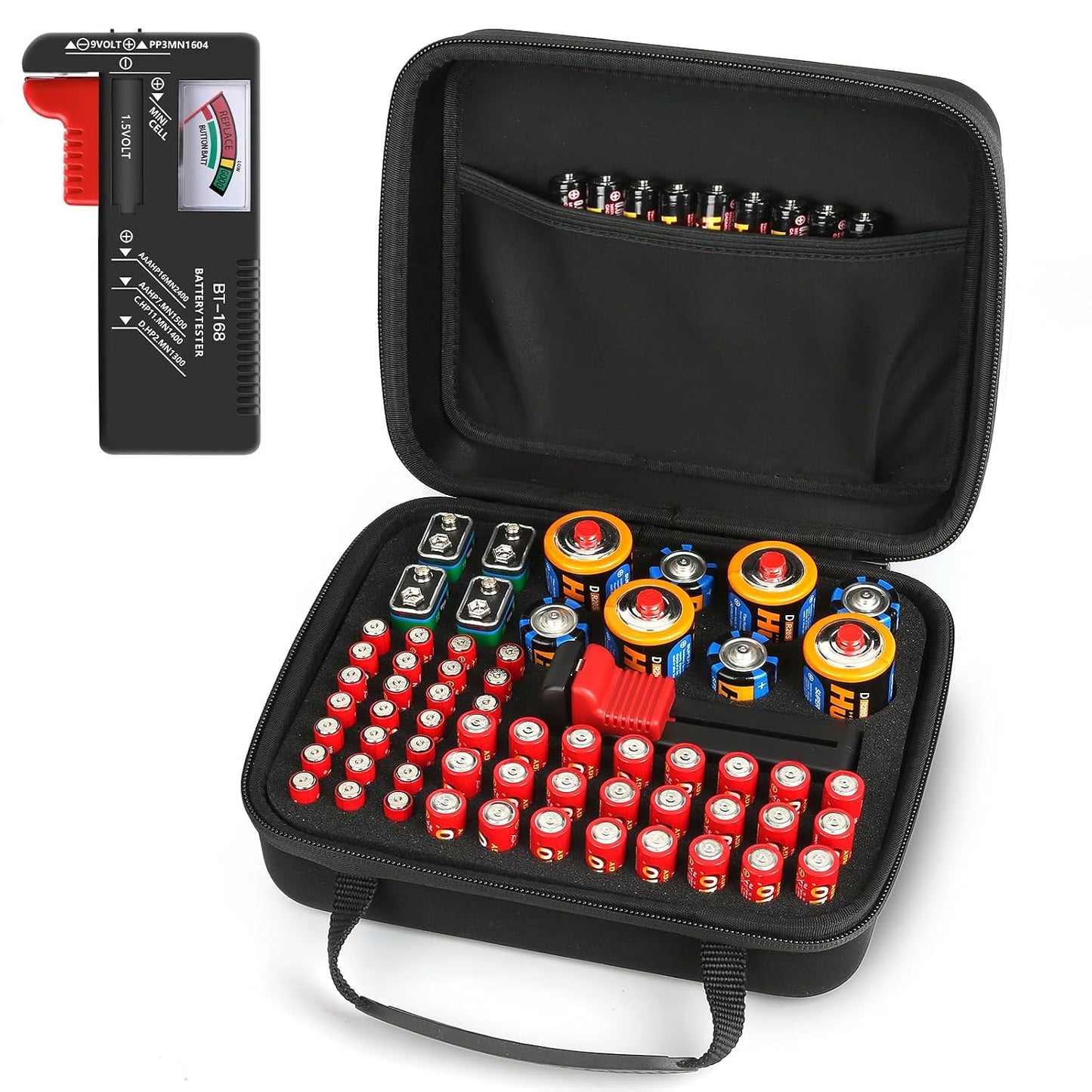 Arkeiliy Battery Organizer, Battery Organizer Storage Case with Tester BT-168, Waterproof Battery Holder Box Holds, Battery Case Organizer 60+ AA AAA C D 9V Batteries (Batteries are Not Included)