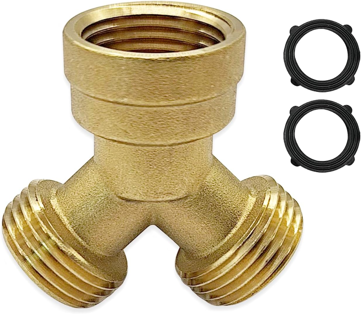 Hooshing Heavy Duty Brass Garden Hose Y Connector 3/4" Male x 3/4" Male x 3/4" Female GHT Thread 2 Way Hose Splitter Y Adapter with Washers