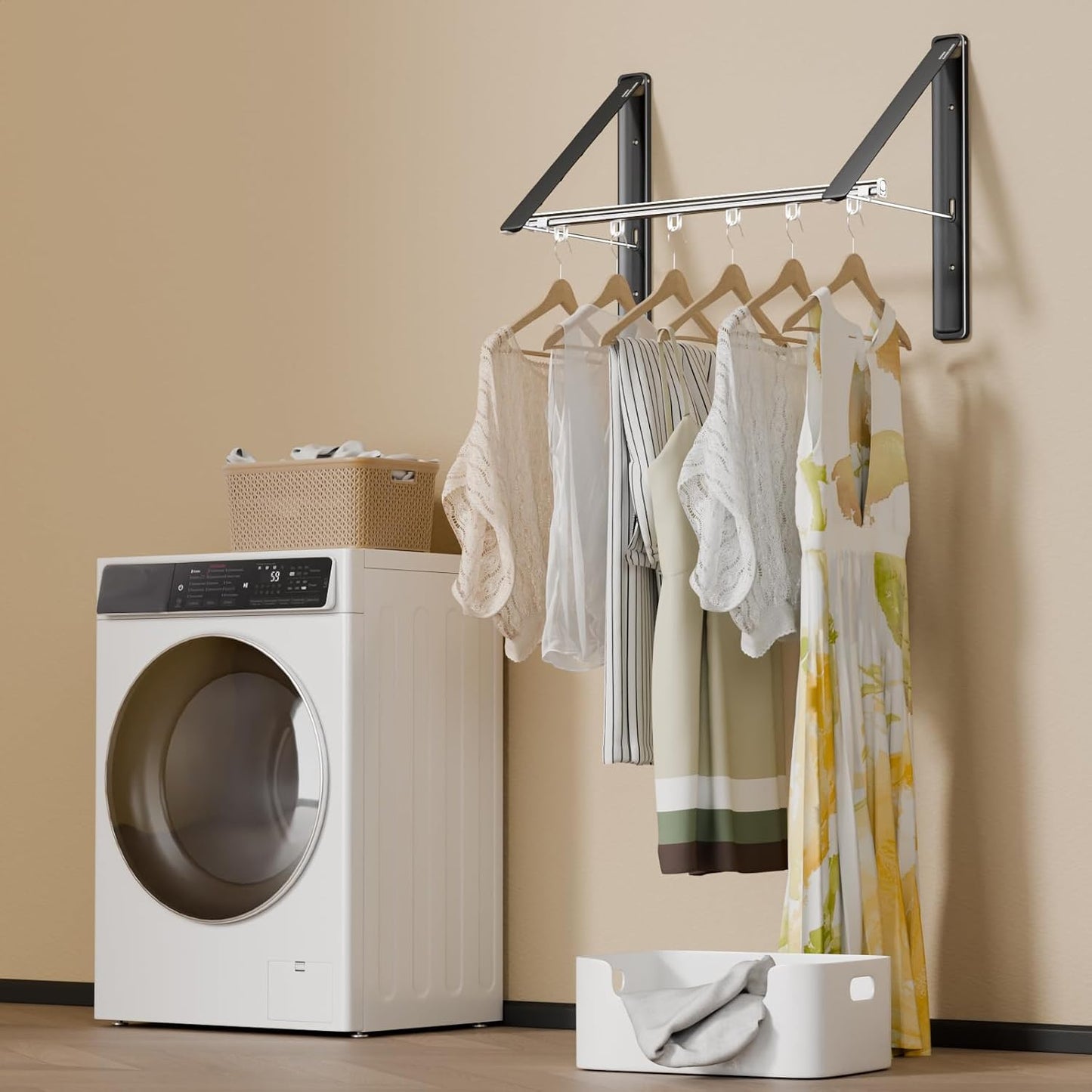 Retractable Clothes Drying Rack for wall clothes hanger rack for Laundry | Folding Hanger Rack Laundry Hanger Dryer Rack, Easy to Install, Closet Storage Organization, Space Saving Aluminium,Walnut