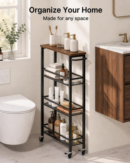 Pipishell Slim Storage Cart with Wheels - 4 Tier Rolling Kitchen Storage Cart with Handle and Wood Top, Metal Slim Bathroom Cart for Laundry Room, Bathroom, Kitchen, Narrow Space, Black & Rustic Brown