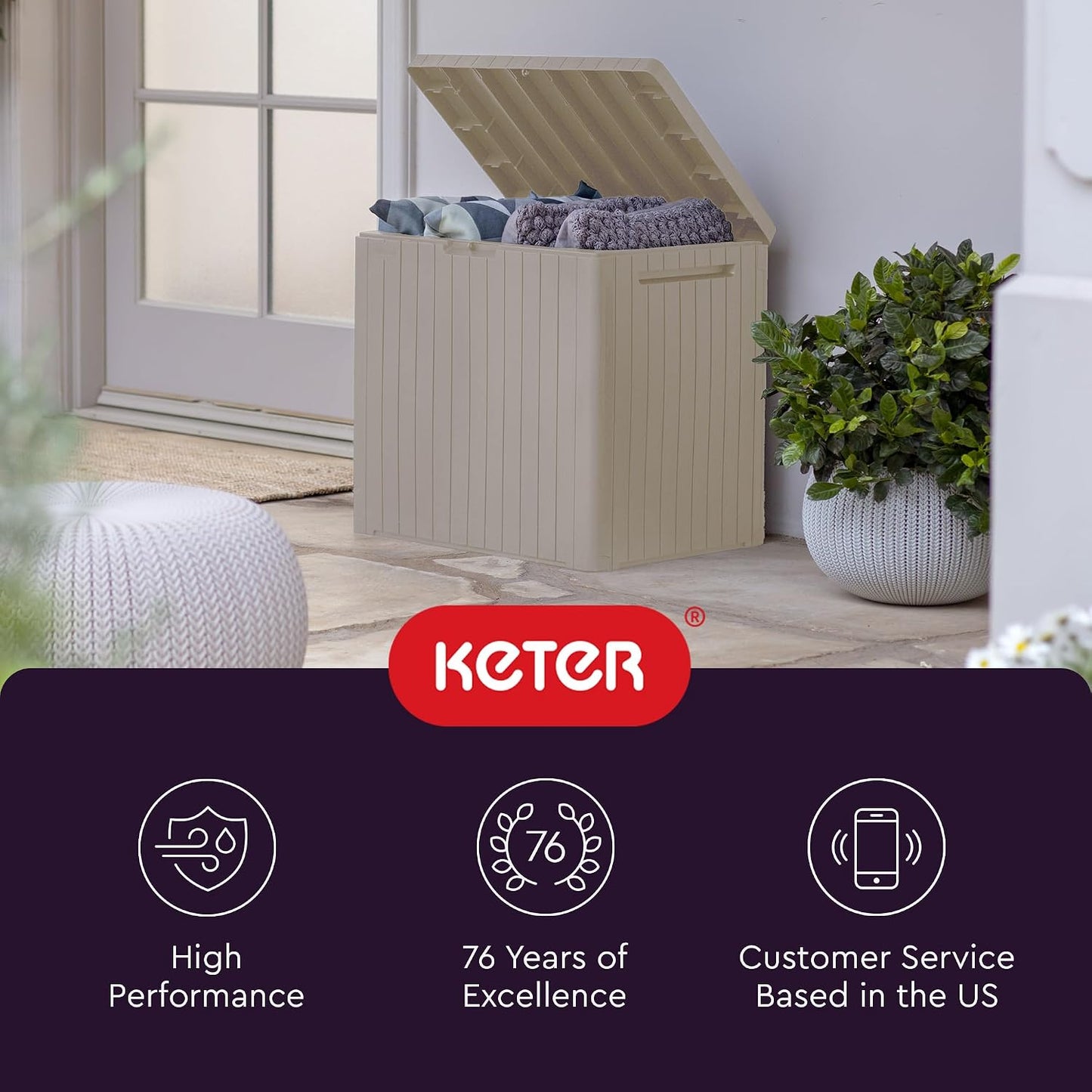 Keter City 30 Gallon Resin Outdoor Storage Box and Patio Furniture Side Table for Pool and Garden Accessories, Brown
