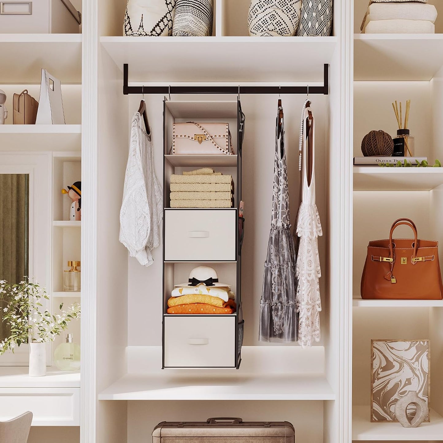 YOUDENOVA Hanging Closet Organizer, 5 Tier Hanging Closet Shelves with 6 Side Pockets and 2 Drawers, Black