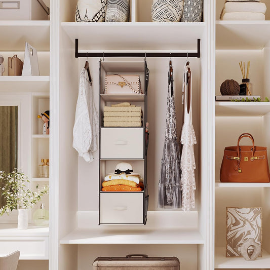YOUDENOVA Hanging Closet Organizer, 5 Tier Hanging Closet Shelves with 6 Side Pockets and 2 Drawers, Black