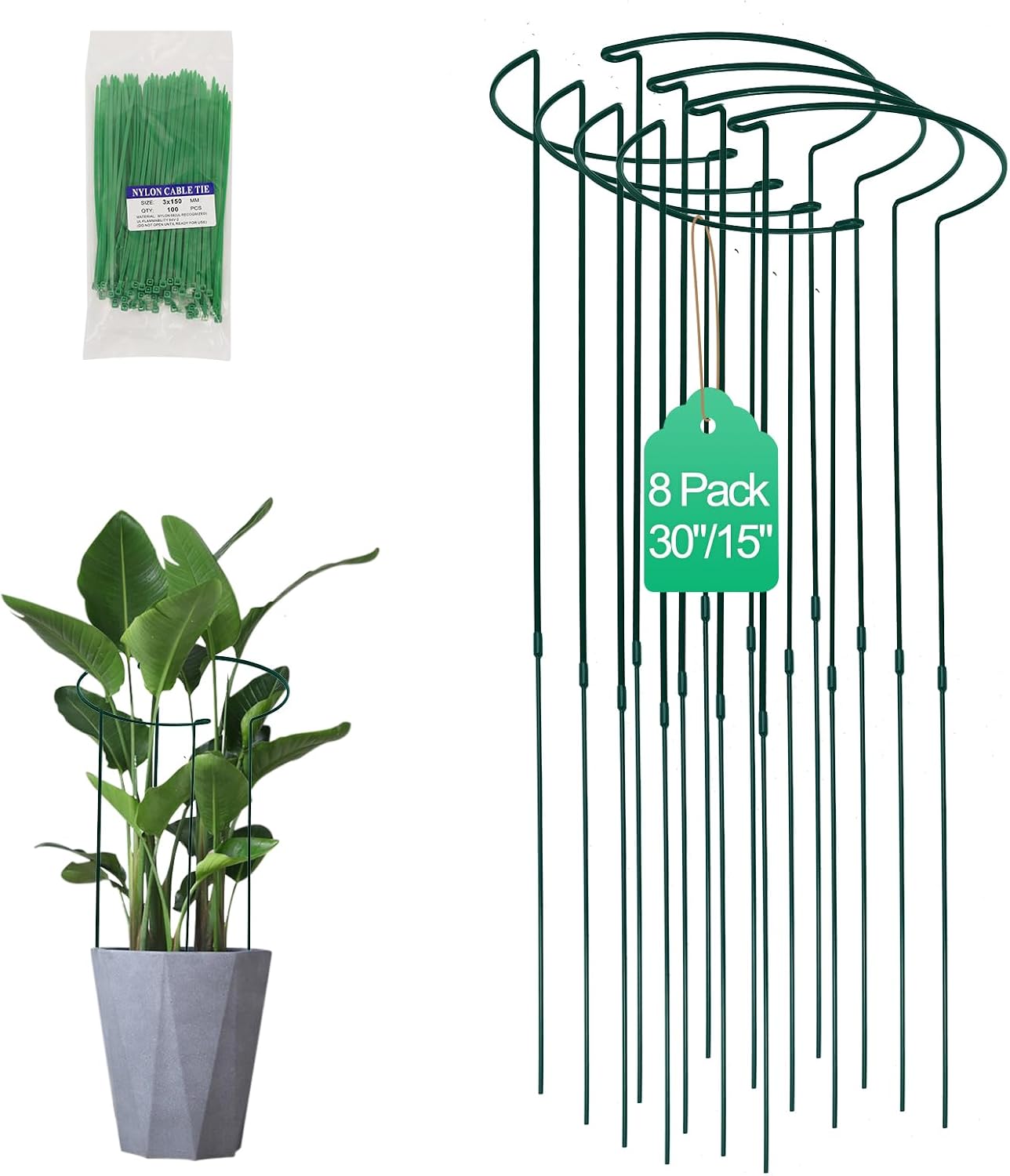 Tall Heavy-Duty 30in Plant Support Stakes - 8 Pack Adjustable Peony Cages & Supports for Outdoor Plants, Half-Round Garden Stakes for Hydrangea, Roses with Extension Stakes