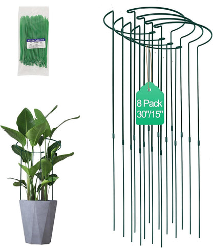 Tall Heavy-Duty 30in Plant Support Stakes - 8 Pack Adjustable Peony Cages & Supports for Outdoor Plants, Half-Round Garden Stakes for Hydrangea, Roses with Extension Stakes