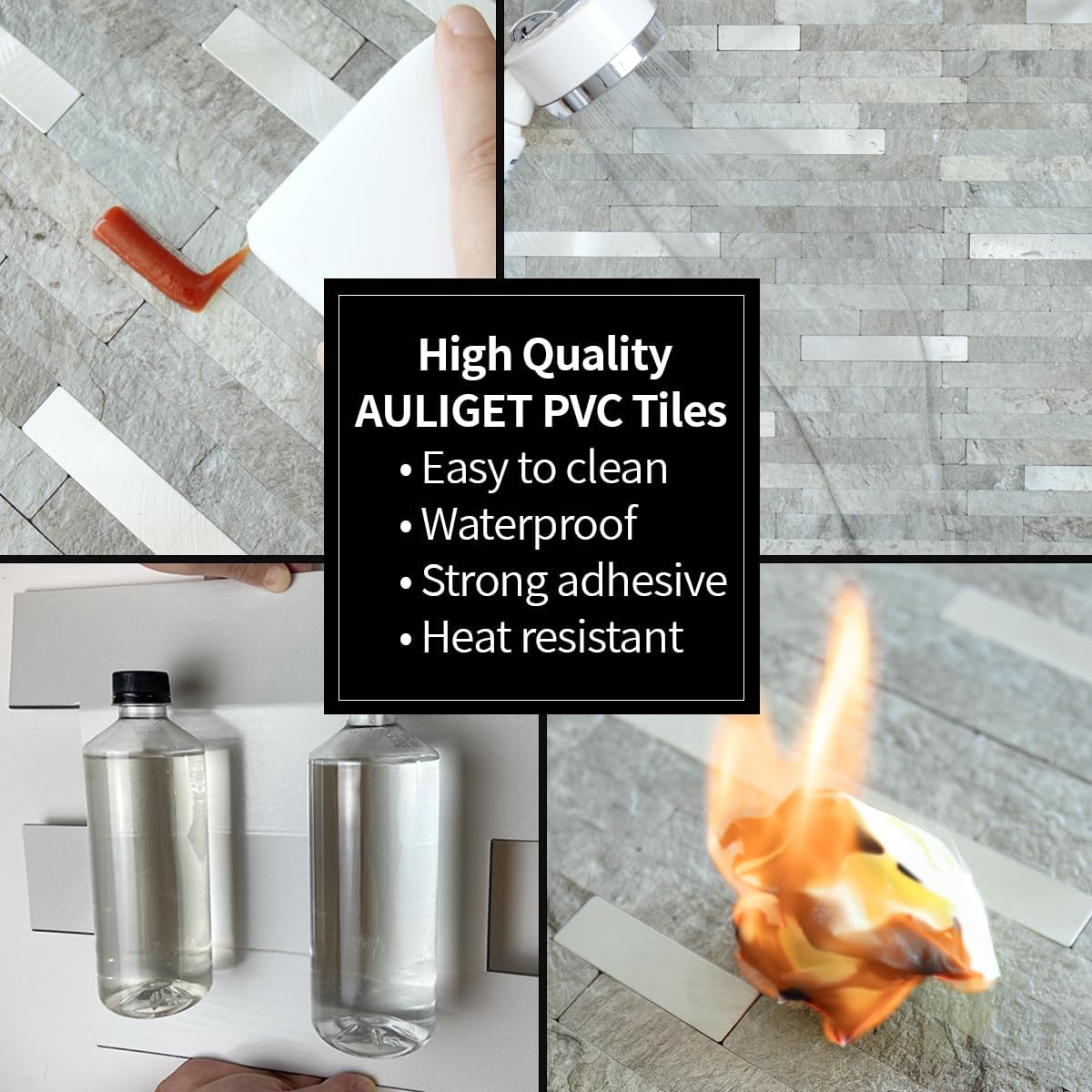 AULIGET 20 Sheets Peel and Stick Backsplash, Black & Grey Wood Look PVC Mixed Metal Stick on Backsplash Tiles for Kitchen