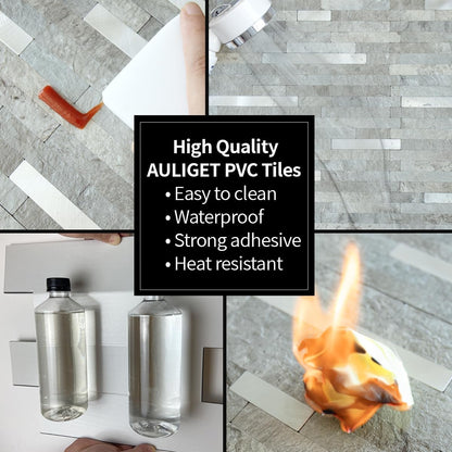 AULIGET 20 Sheets Peel and Stick Backsplash, Black & Grey Wood Look PVC Mixed Metal Stick on Backsplash Tiles for Kitchen