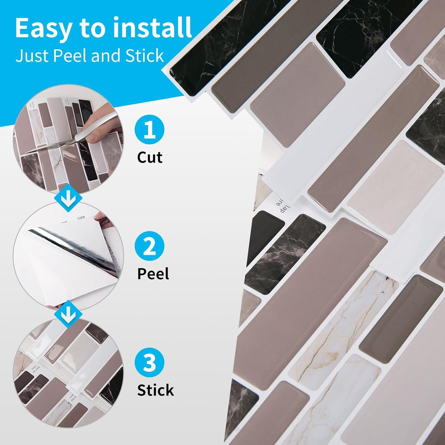 Art3d 10-Sheet Premium Stick On Kitchen Backsplash Tiles, 12"x12" Peel and Stick Self Adhesive Wall Tiles, White Marble Design