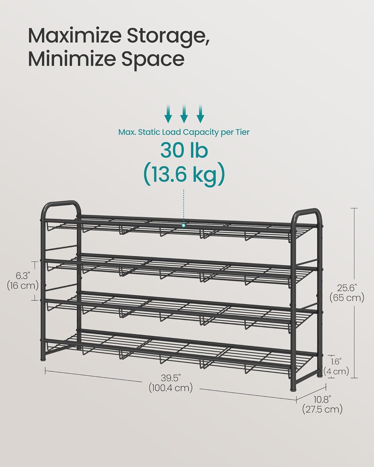 SONGMICS Stackable Shoe Rack, 4 Tier Metal Shoes Rack Storage Shelf, Holds up to 16 Pairs Shoes, Adjustable Slanted Shelves Shoe Tower Organizer for Closet Entryway Small Spaces, Black