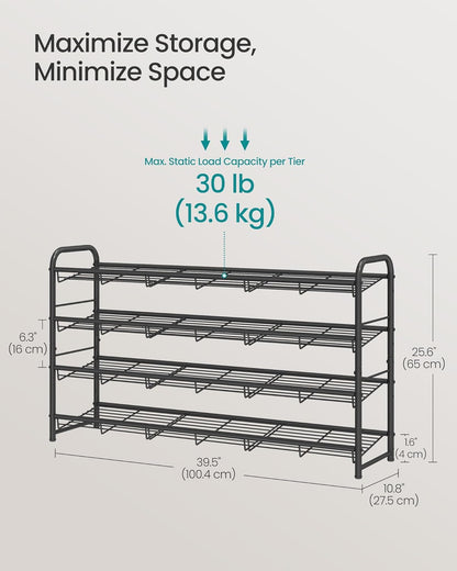 SONGMICS Stackable Shoe Rack, 4 Tier Metal Shoes Rack Storage Shelf, Holds up to 16 Pairs Shoes, Adjustable Slanted Shelves Shoe Tower Organizer for Closet Entryway Small Spaces, Black