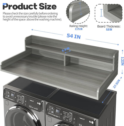 2-Tier Washer and Dryer Countertop with 2.75" H Guard,54" W x 27.5" D Laundry Countertop Cover with Non-Slip Pad,Large Space Laundry Topper for Folding Clothes Over Washer and Dryer-White