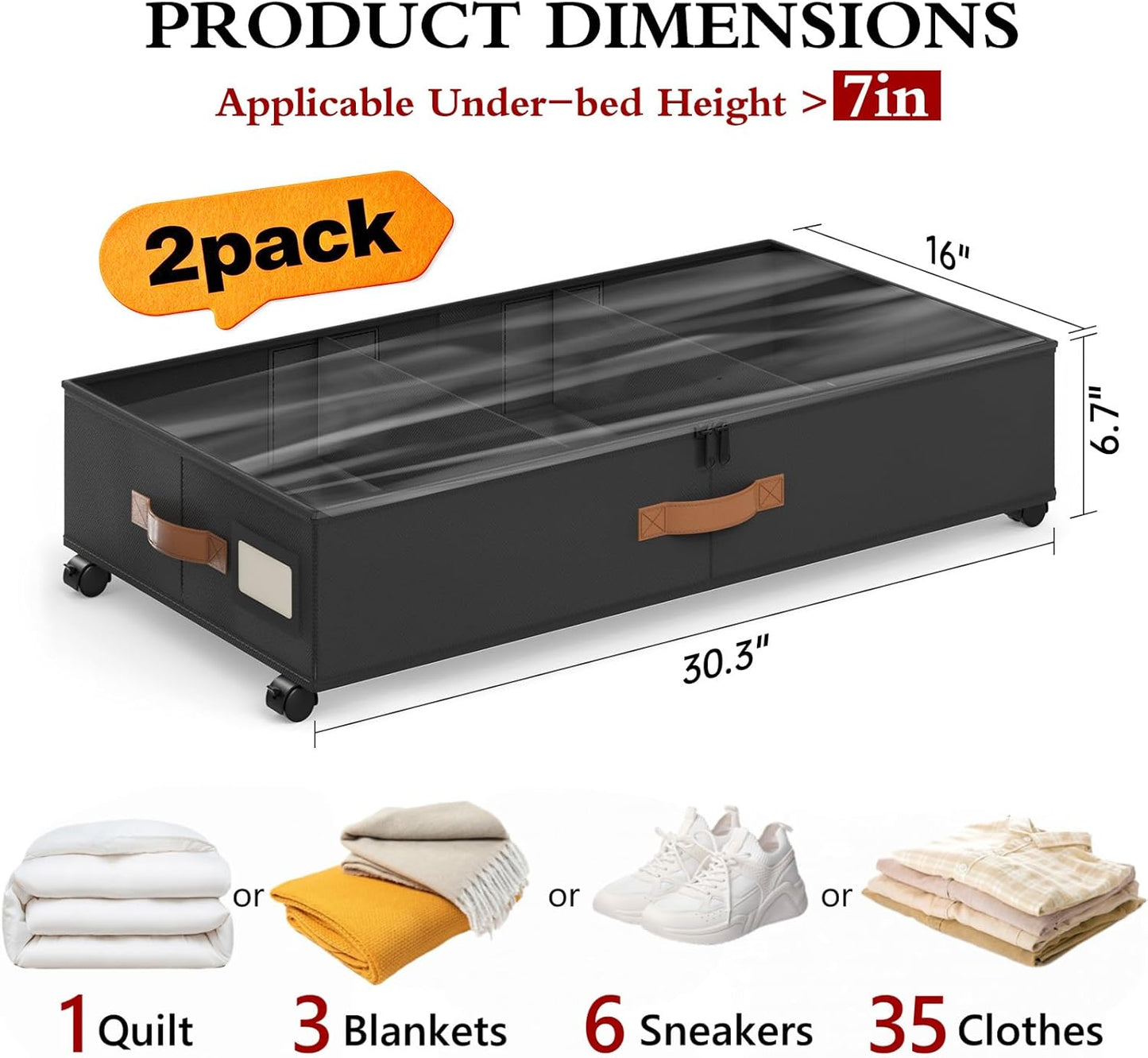 Yecaye Under Bed Storage with Wheels, 2 Pack Under Bed Storage Containers with Adjustable Dividers & Clear Lid, Rolling Underbed Organizer Bins Drawer for Clothes, Shoes, Blankets(30.3 x 16 x 6.7in)