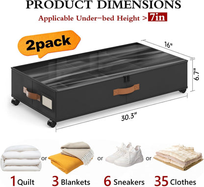 Yecaye Under Bed Storage with Wheels, 2 Pack Under Bed Storage Containers with Adjustable Dividers & Clear Lid, Rolling Underbed Organizer Bins Drawer for Clothes, Shoes, Blankets(30.3 x 16 x 6.7in)