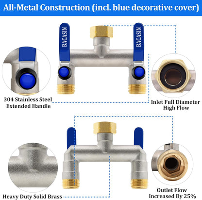Brass Garden Hose Splitter 2-Way Heavy Duty - 3/4" GHT Threads with 2×304 Stainless Steel Handles, High Flow Design for Efficient Water Distribution