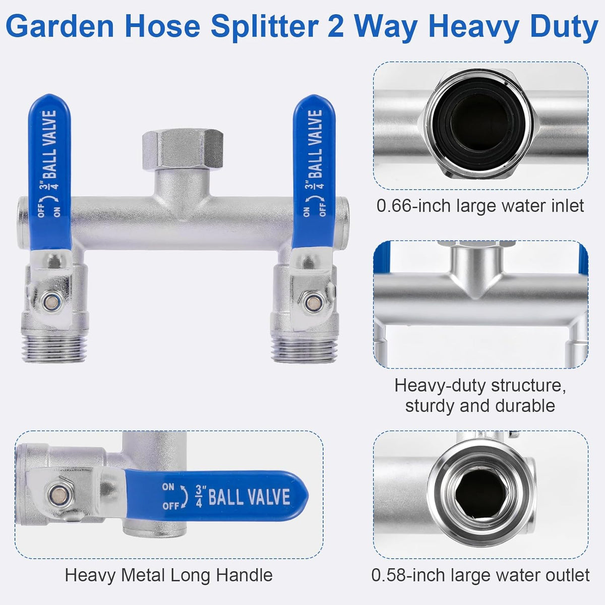 2 Way Garden Hose Splitter, 304 Stainless Steel T Valve, Full Flow with Long Handle, Lead-Free Rust & Freeze Resistant, 3/4" GHT Thread Outdoor Hose Adapter