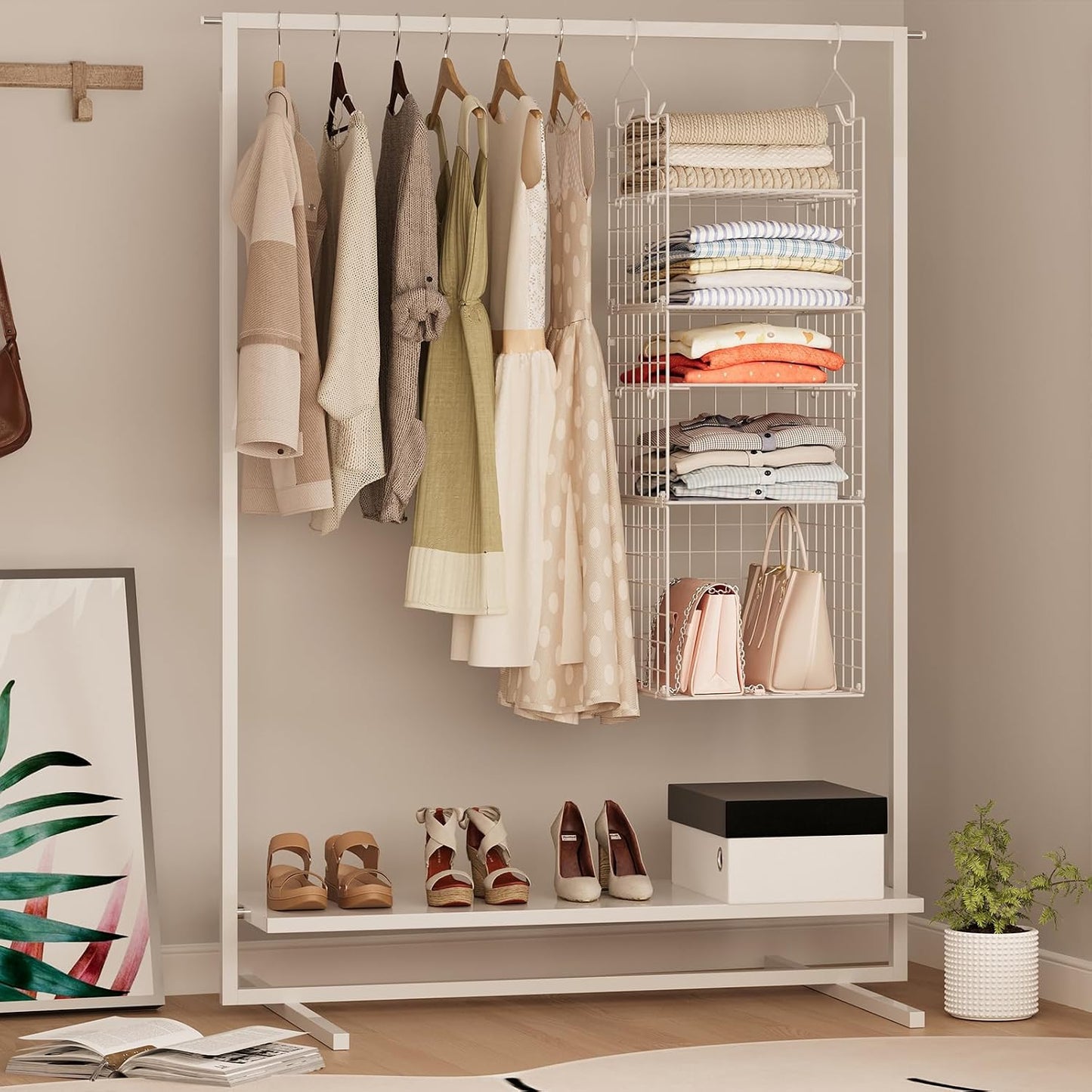 X-cosrack Closet Hanging Organizer Shelves - 5 Tier Wardrobe Organizers and Storage Bin, Hanging Organizer Shelves, Clothes Shelf with Adjustable Dividers for Bedroom Closet Sweater Shoes Handbag