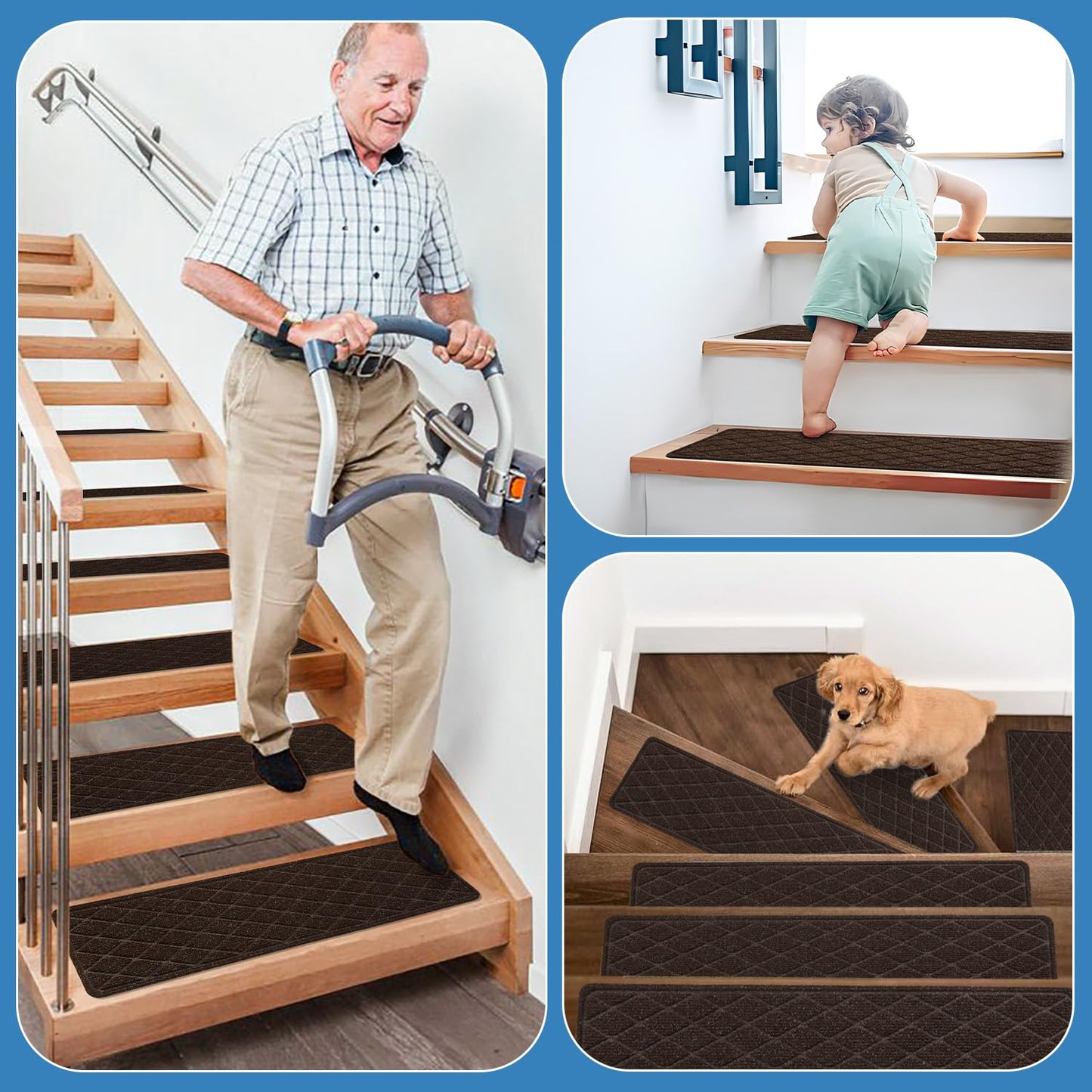 Non Slip Stair Treads for Wooden Steps,15 Pack 8" X 30" Stairs Carpet Treads Indoor with Reusable Peel and Stick Adhesive for Kids Elders and Pets