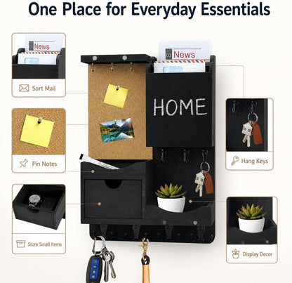Key Holder for Wall Mount with Shelf and Mail Organizer, Key and Mail Holder with 16 Hooks, Farmhouse Entryway Organizer, Home Decor Rack (Pine Wood, Black)