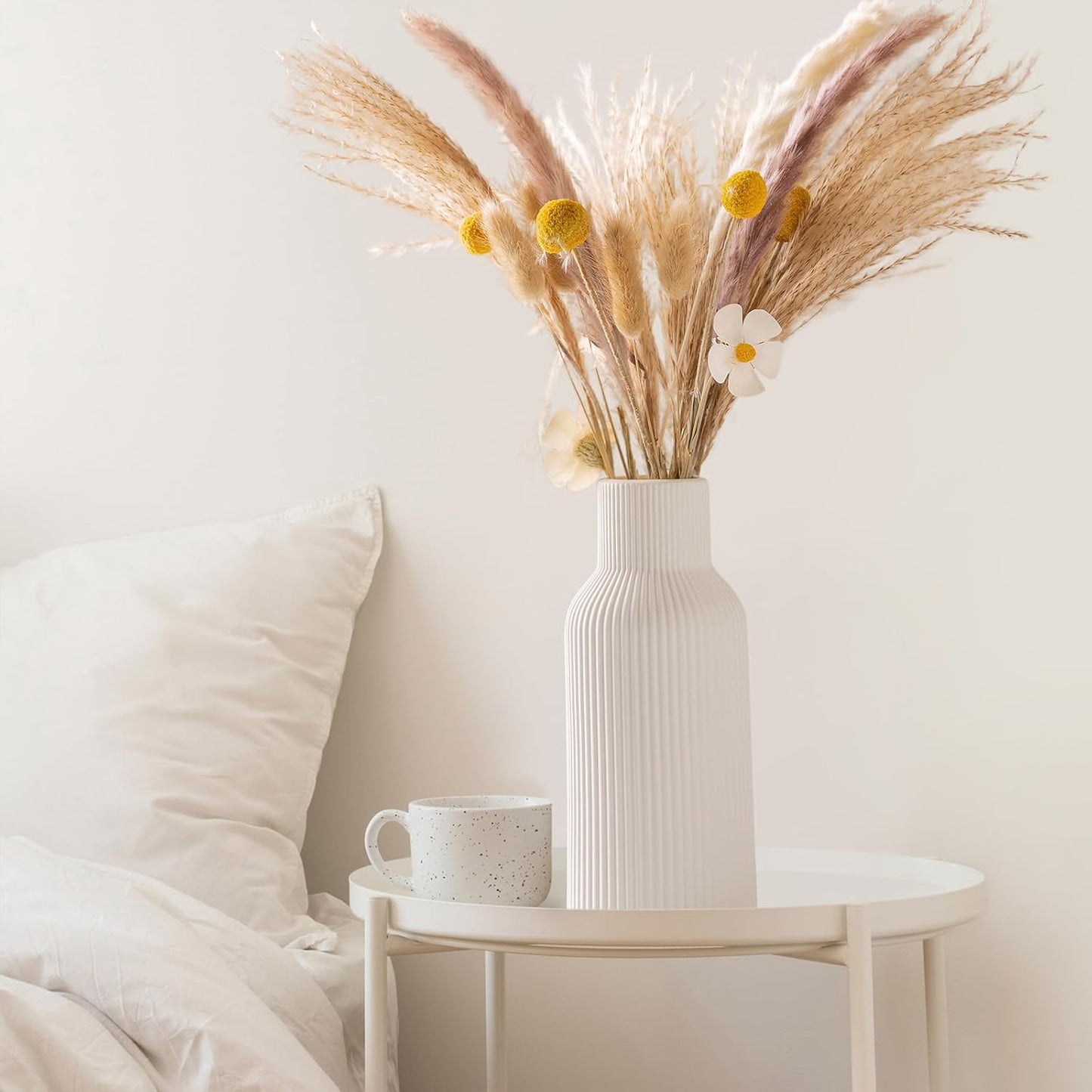 White Ceramic Flower Vases Set of 3, Modern Matte Vertical Ribbed, Nordic Minimalist Decor for Pampas, Dried & Fresh Flowers, Centerpiece for Living Room, Shelf, Entryway, Wedding,Office