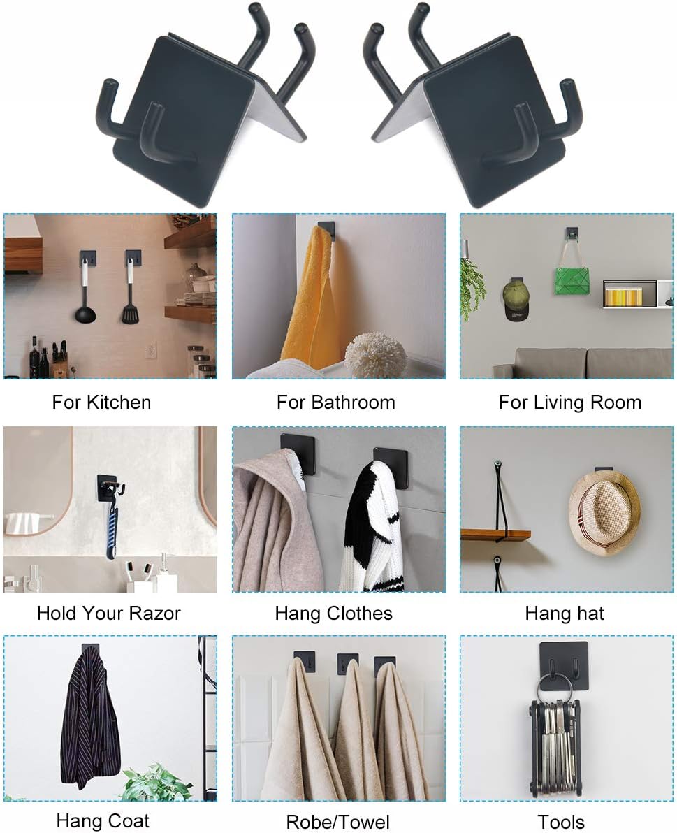 Yikla Adhesive Hooks, Bathroom Wall Towel Hooks, Black Stick Shower Razor Holder, Stainless Steel Door Hangers for Coat Loofah Robes Self Adhesive Organizer for Kitchen