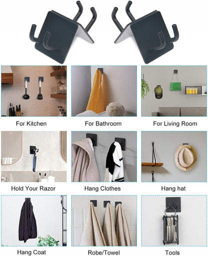 Yikla Adhesive Hooks, Bathroom Wall Towel Hooks, Black Stick Shower Razor Holder, Stainless Steel Door Hangers for Coat Loofah Robes Self Adhesive Organizer for Kitchen