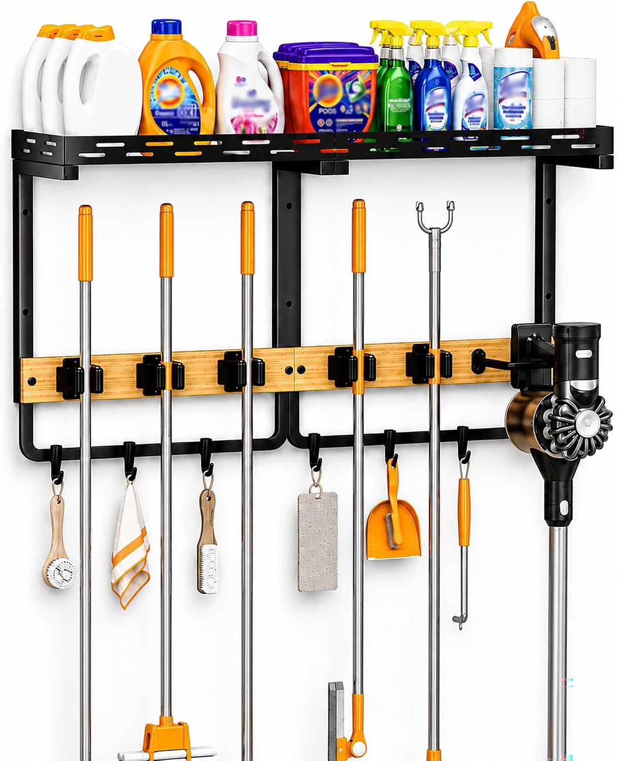 Large Broom Mop Holder Wall Mounted with Top Shelf,3-in-1 Cleaning Supplies Organizer, Laundry Room Storage Rack with 5 Clamps and 6 Removable Hooks for Home Garage, Utility Room and Kitchen