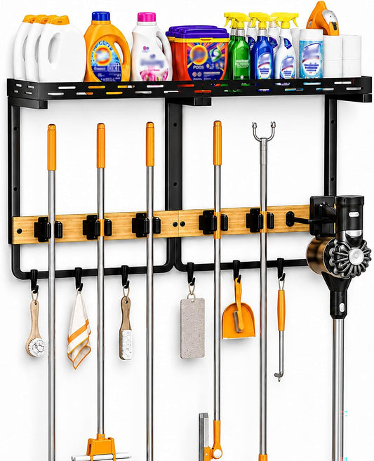 Large Broom Mop Holder Wall Mounted with Top Shelf,3-in-1 Cleaning Supplies Organizer, Laundry Room Storage Rack with 5 Clamps and 6 Removable Hooks for Home Garage, Utility Room and Kitchen