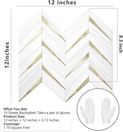 STICKGOO 10-Sheet Herringbone Tile Peel and Stick Backsplash, Beige Mixed Metal Gold PVC Stick on Backsplash, Self Adhesive Wall Tile for Kitchen and Bathroom