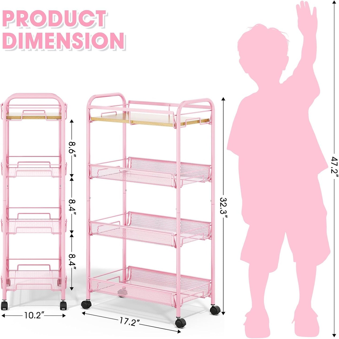 TOOLF 4-Tier Slim Rolling Cart, Metal Utility Cart, Slide Out Storage Cart with Wooden Tabletop and Mesh Baskets for Narrow Space on Kitchen Bathroom Laundry Room Bedroom Apartments Dormitory